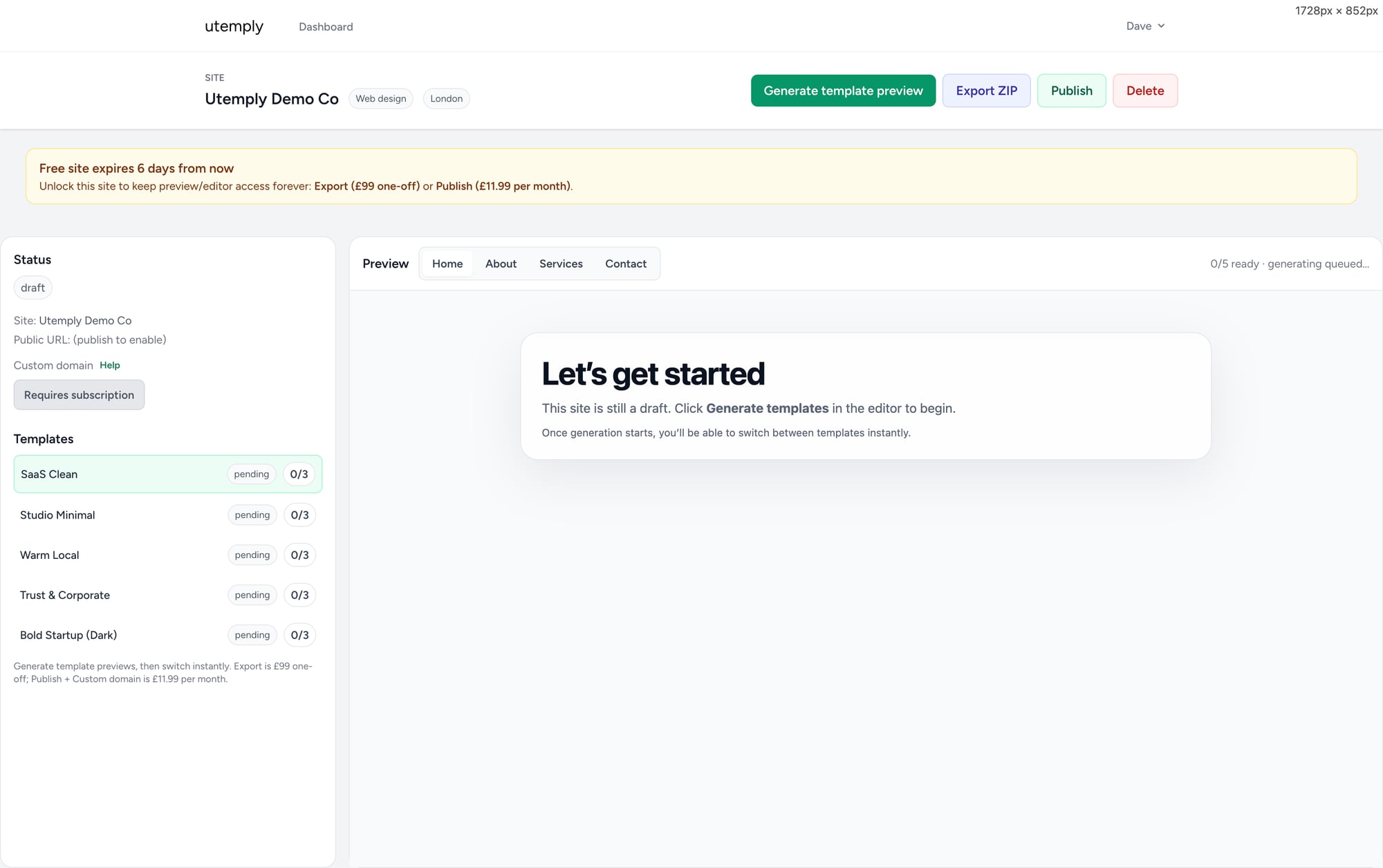 Utemply editor showing a draft site and template list